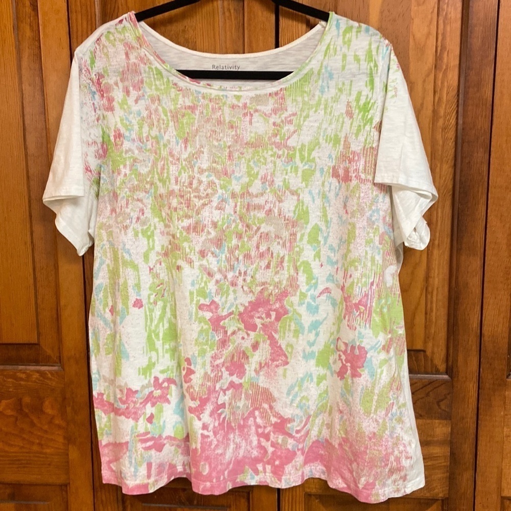 Relativity Scoop Neck Cotton Shortsleeved Paint Splash Sequined Tee Top Size 2X